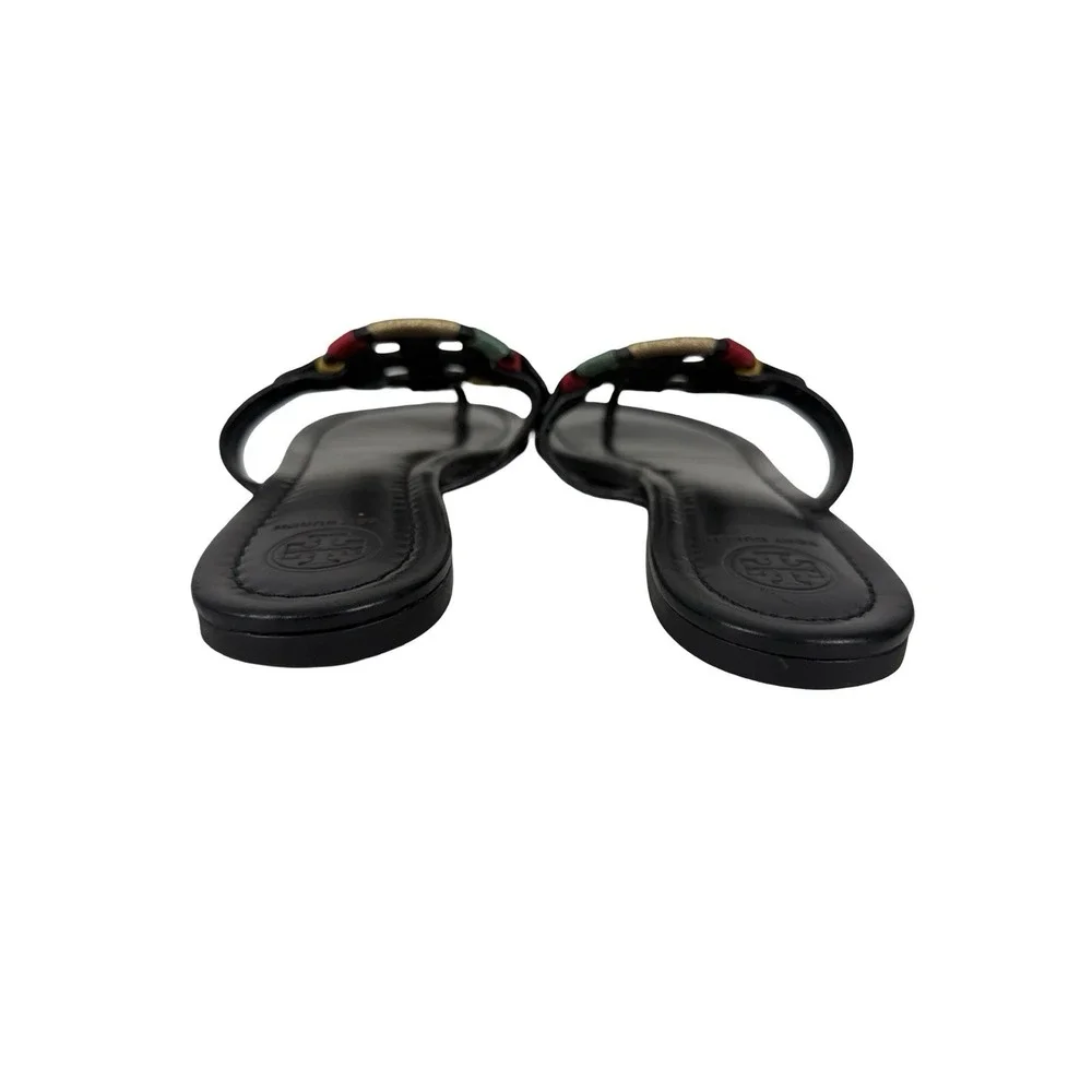 TORY BURCH Embroidered Perfect Black Matte Leather Miller Logo Sandals Size 8 M
